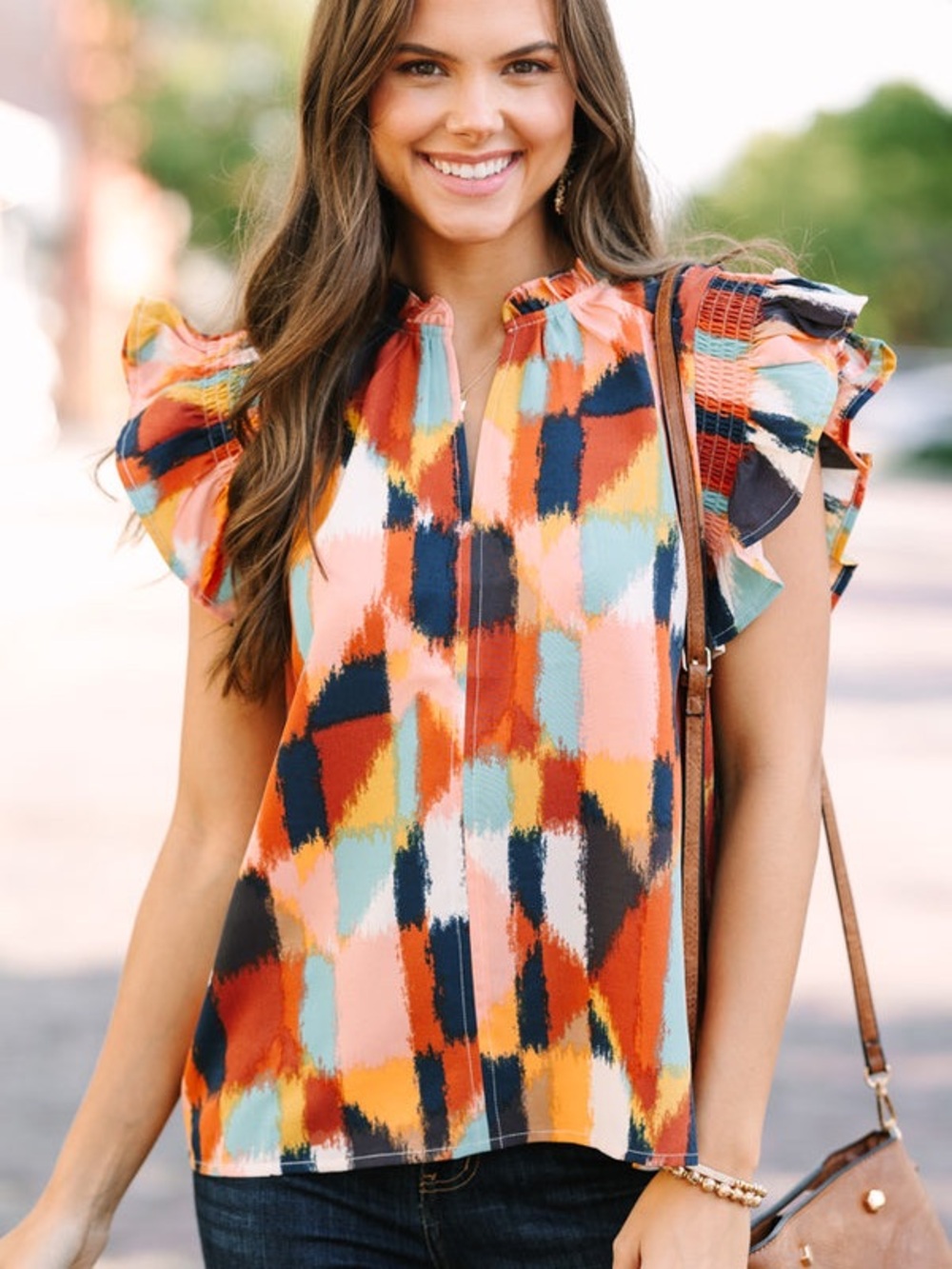 THML Abstract Pattern Ruffle Collar and Sleeve Colorful Blouse L Brown Multi